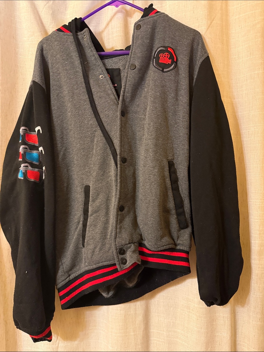 Theory Kids Grey & Black Hooded Varsity Jacket with Red Accents
